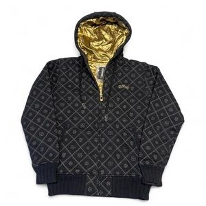 Y2K VTG Billabong full zip monogram surf skater gold lined hoodie black S mens